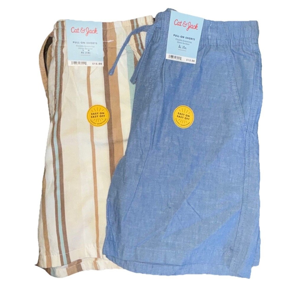 Cat & Jack Boys Pull-On Shorts XL (14) Blue Striped Beige Brown White Lot of 2